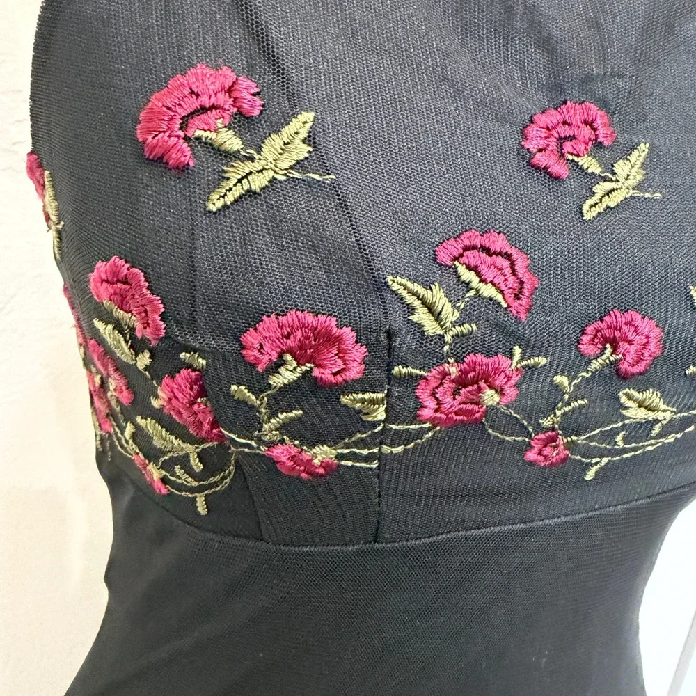 Vintage Monster Girl Medium Maxi Dress Black Rose Floral Mesh Overlay 90s Goth